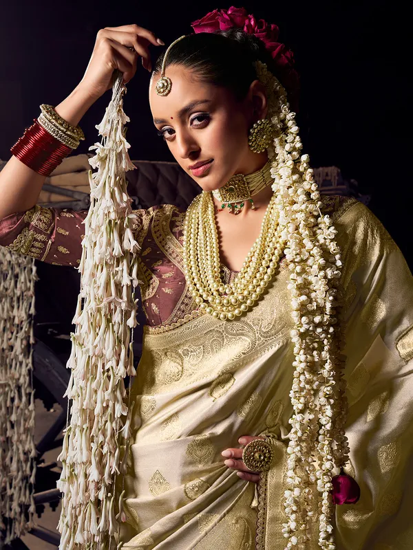 Cream viscose tissue silk saree for elegant wedding ensemble