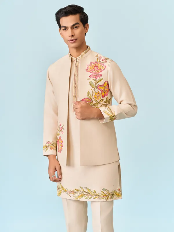 Cream waistcoat set with serene hand print