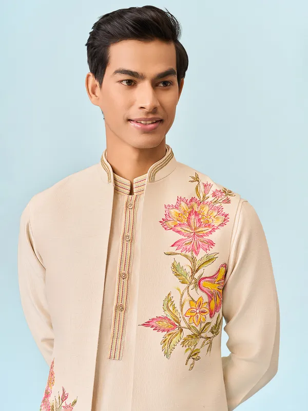 Cream waistcoat set with serene hand print
