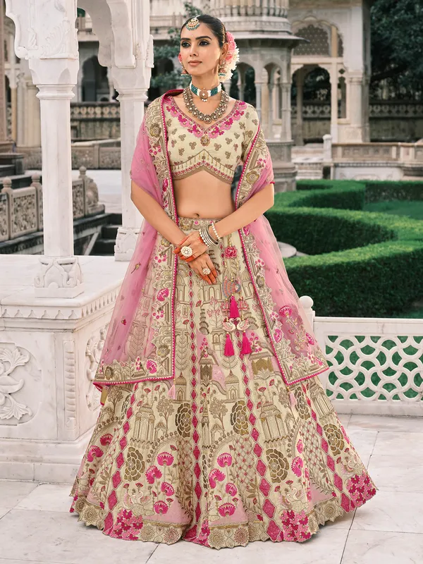 Cream wedding wear silk lehenga choli for women