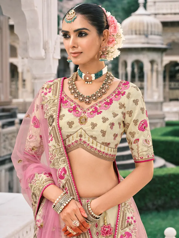 Cream wedding wear silk lehenga choli for women