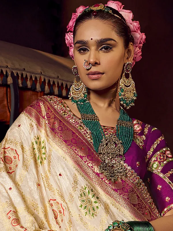 Cream wedding wear silk saree for wedding wear