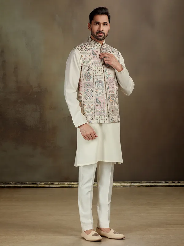 Cream zardosi silk waistcoat set for men