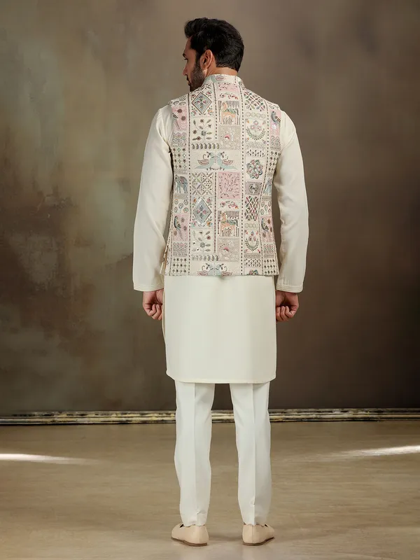 Cream zardosi silk waistcoat set for men