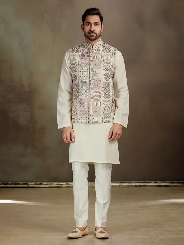 Cream zardosi silk waistcoat set for men