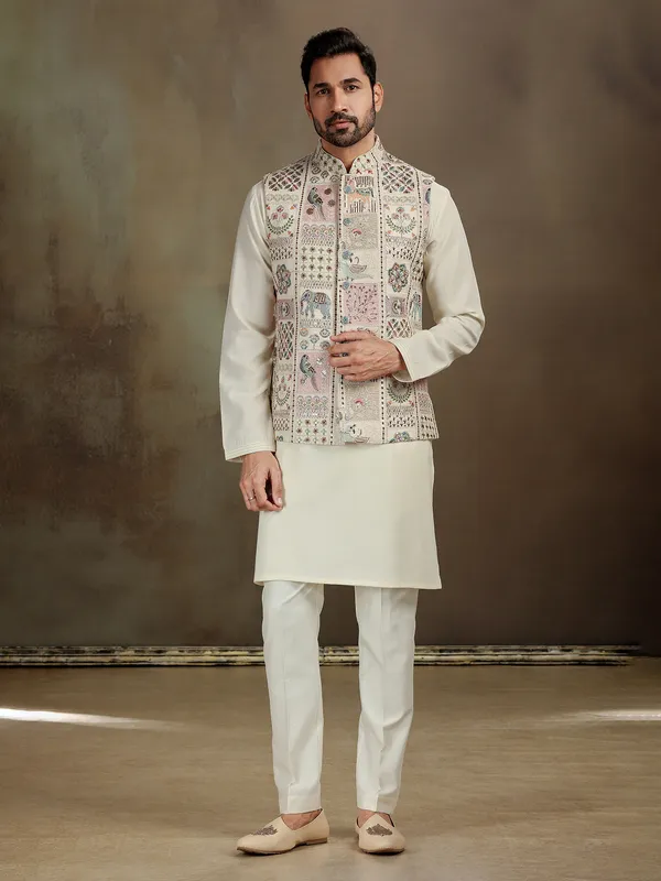 Cream zardosi silk waistcoat set for men