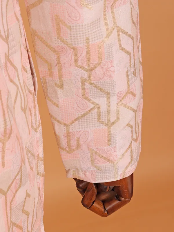 Cream zari printed cotton silk kurta suit for men