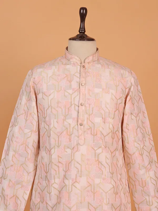 Cream zari printed cotton silk kurta suit for men