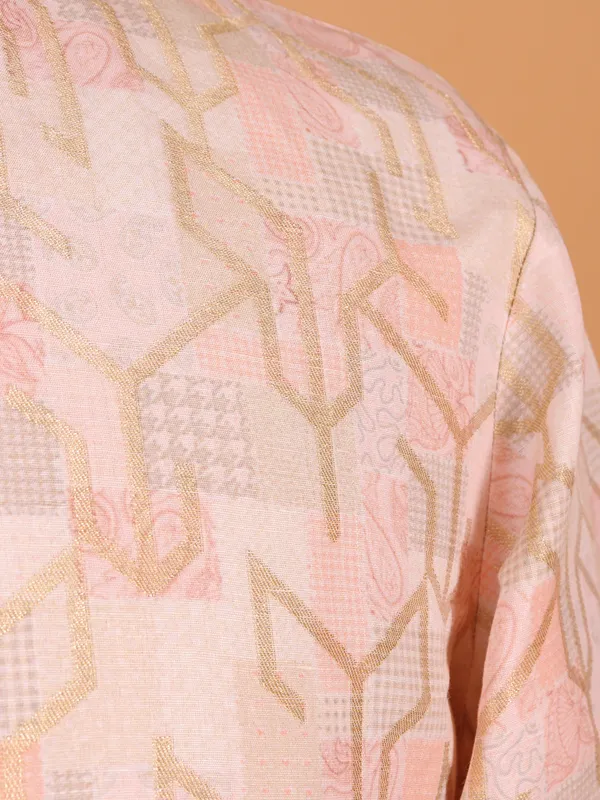 Cream zari printed cotton silk kurta suit for men