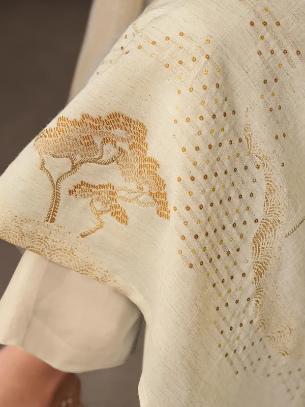 Cream zari worked salwar suit in cotton silk