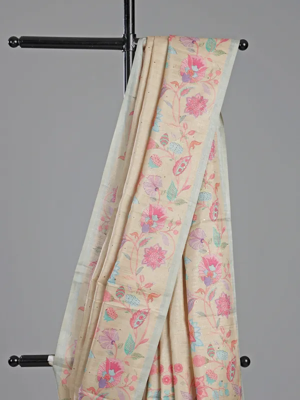 Cream zari woven silk saree with florals printed
