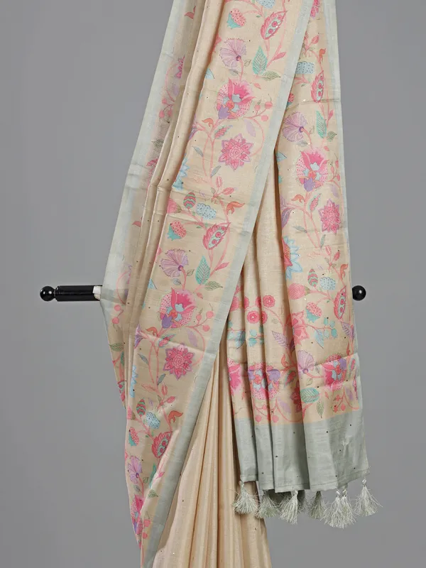 Cream zari woven silk saree with florals printed