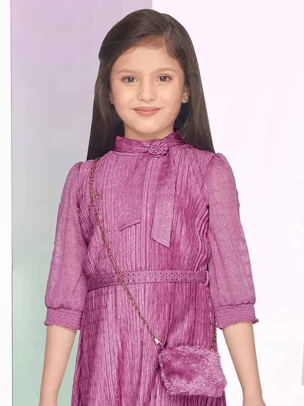 Crepe casual wear purple frock for girls