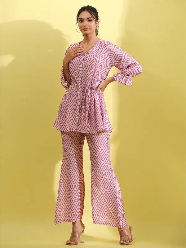 Crepe cream and pink casual wear co ord set