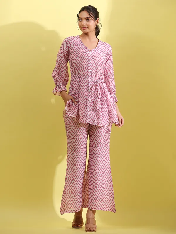 Crepe cream and pink casual wear co ord set