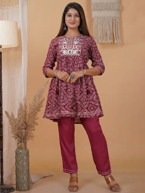 Crepe printed maroon kurti with pant