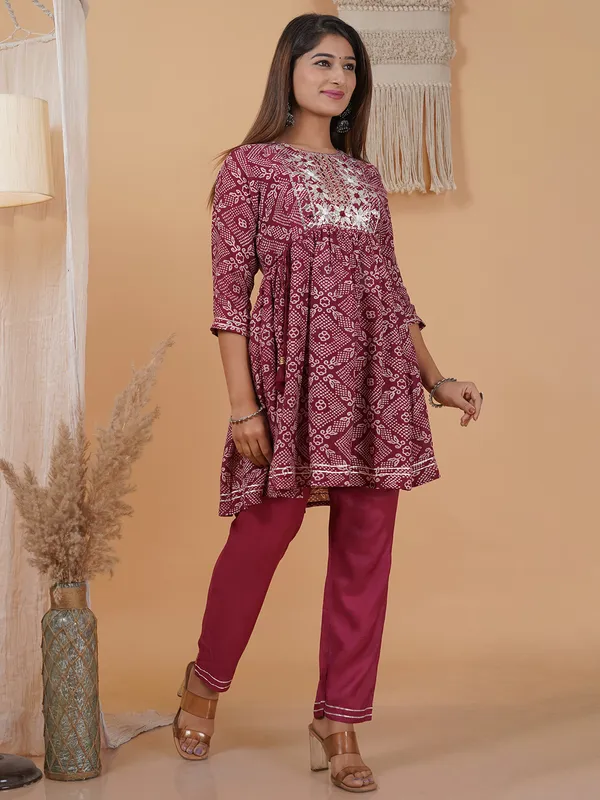 Crepe printed maroon kurti with pant