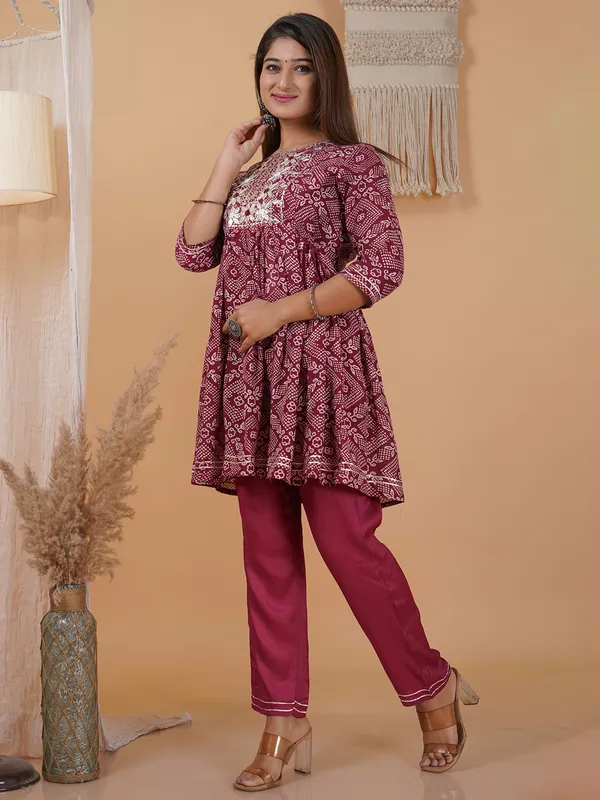 Crepe printed maroon kurti with pant