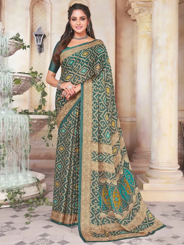 Crepe saree for festive events in stone green