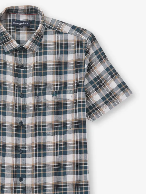 CRIMSOUNE CLUB bottle green checks cotton shirt for men