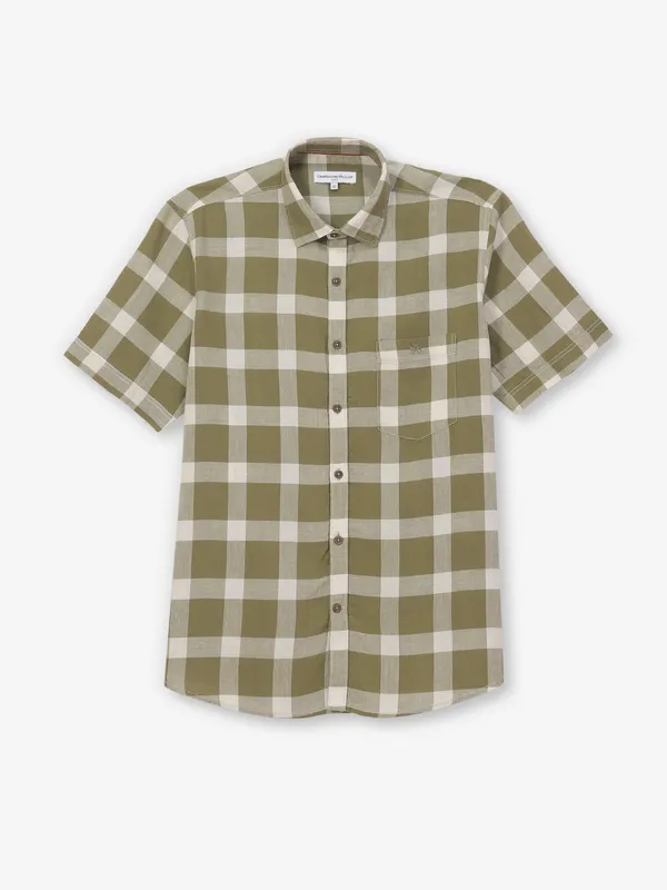 CRIMSOUNE CLUB olive checks cotton shirt for casual wear