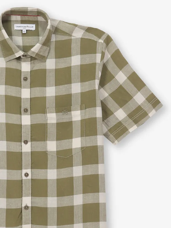 CRIMSOUNE CLUB olive checks cotton shirt for casual wear
