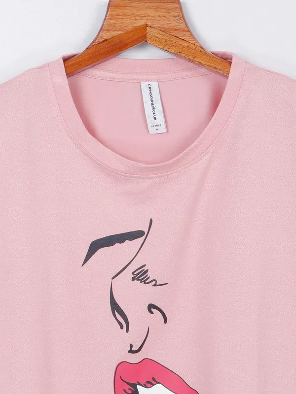 Crimsoune Club pink cotton printed t shirt