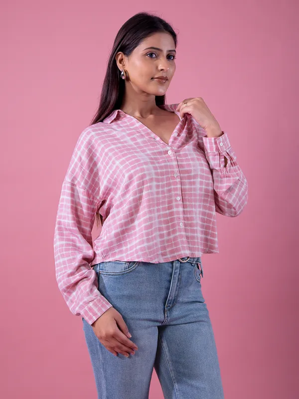 CRIMSOUNE CLUB pink printed cotton crop shirt