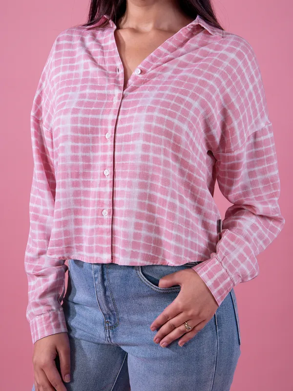 CRIMSOUNE CLUB pink printed cotton crop shirt