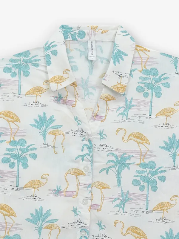 CRIMSOUNE CLUB white printed cotton crop shirt