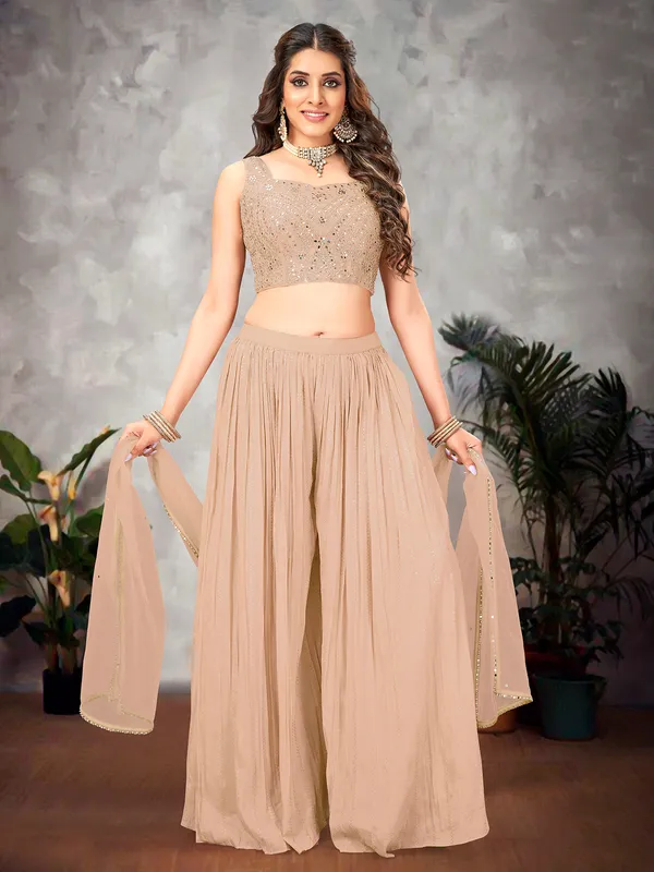Crop top style beige georgette palazzo suit