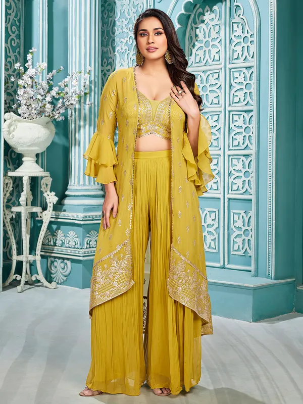 Crop top style olive georgette palazzo suit