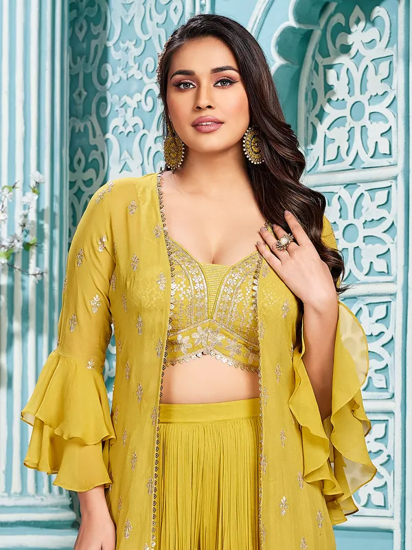 Crop top style olive georgette palazzo suit