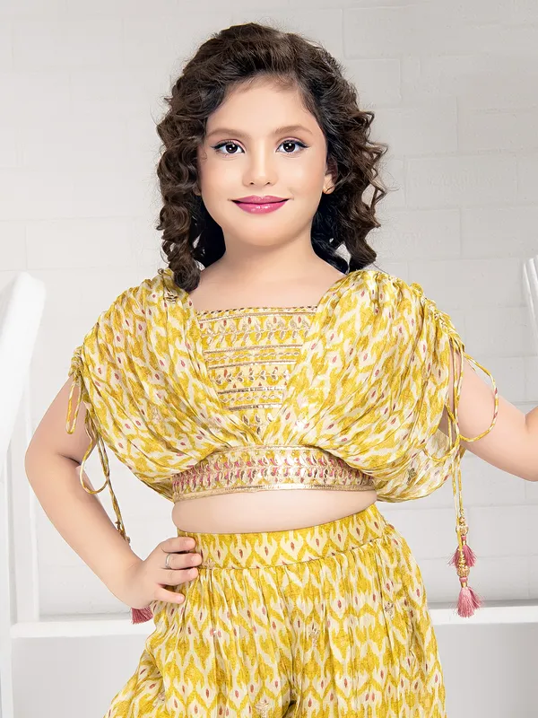 Crop top style yellow printed palazzo suit