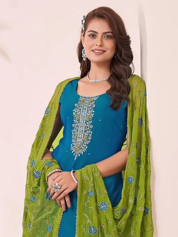 Dark aqua silk salwar suit with embellishments