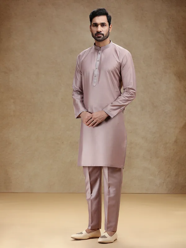 Dark beige cotton silk kurta pajama for men