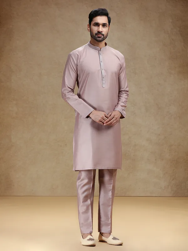 Dark beige cotton silk kurta pajama for men