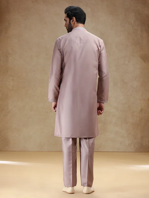 Dark beige cotton silk kurta pajama for men