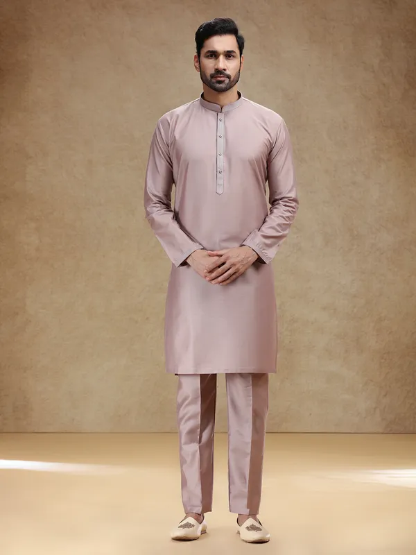 Dark beige cotton silk kurta pajama for men