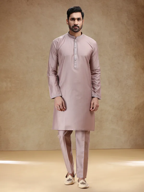 Dark beige cotton silk kurta pajama for men