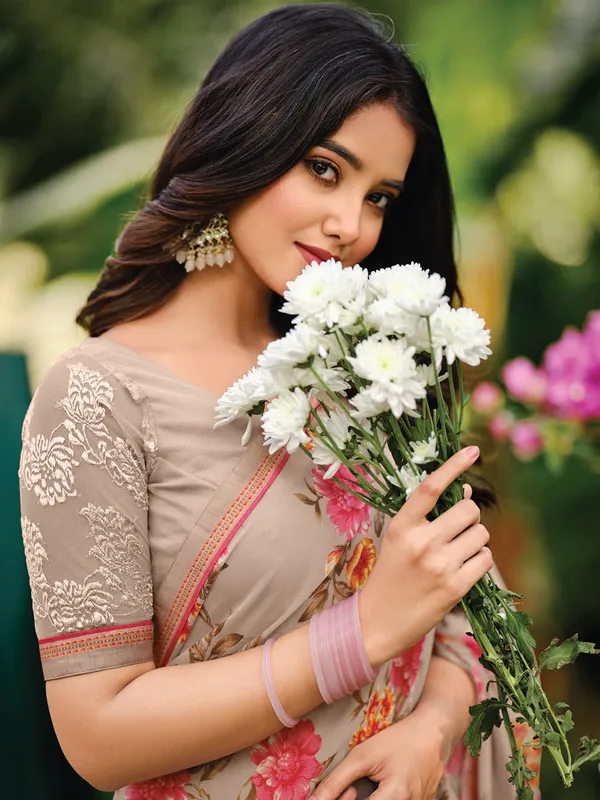 Dark beige georgette printed saree