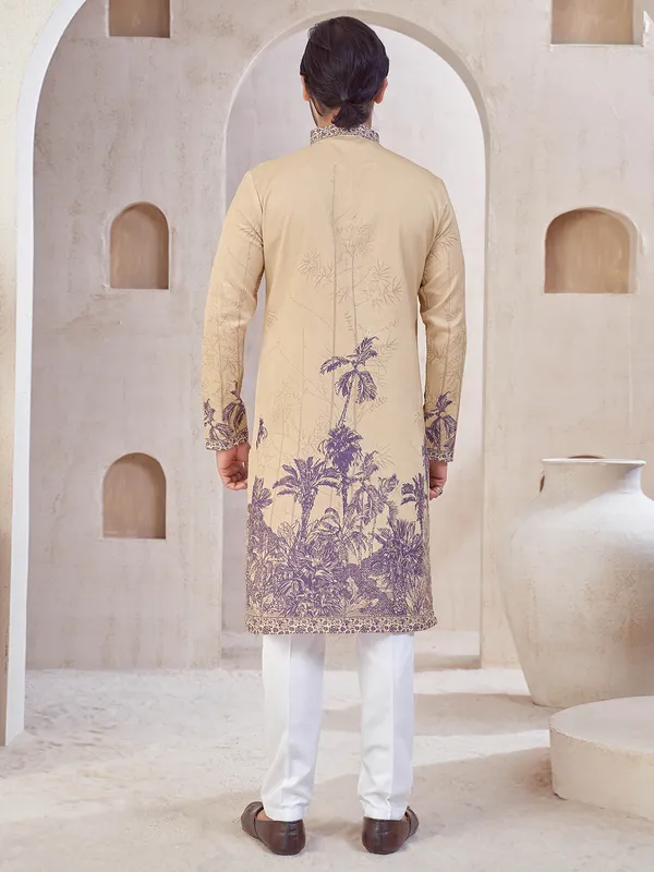 Dark Beige printed cotton kurta suit