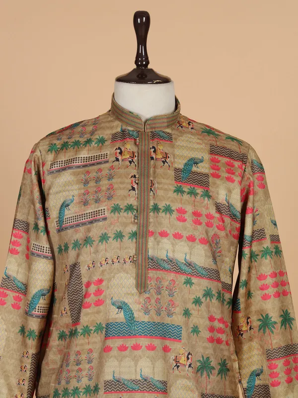 Dark beige printed kurta suit for festival for men
