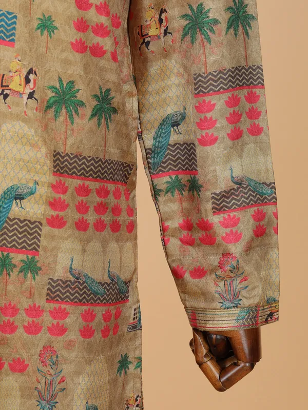 Dark beige printed kurta suit for festival for men