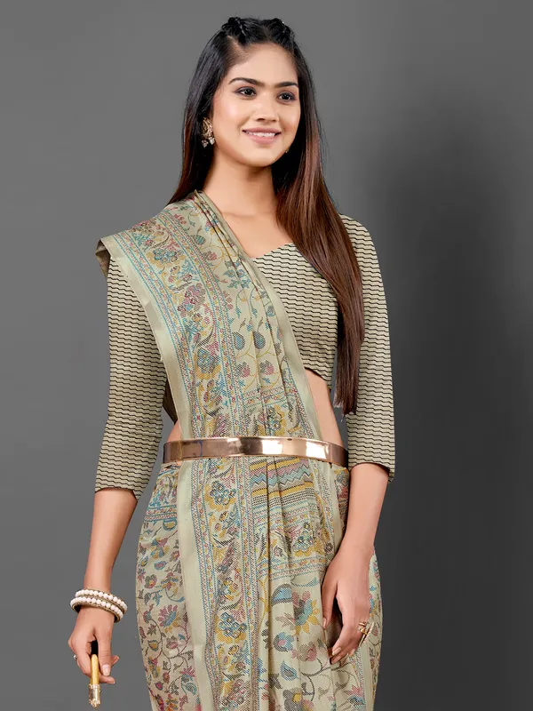 Dark Beige printed pashmina silk saree