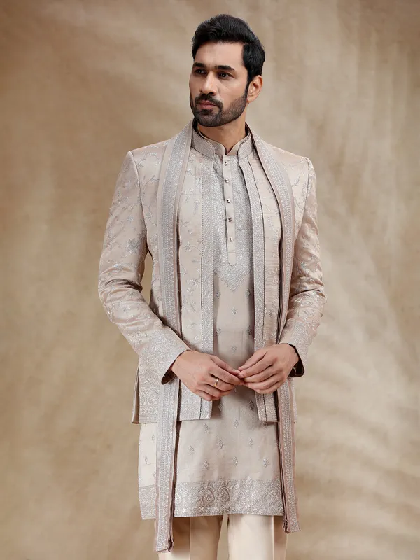 Dark Beige resham worked indowestern set with dupatta