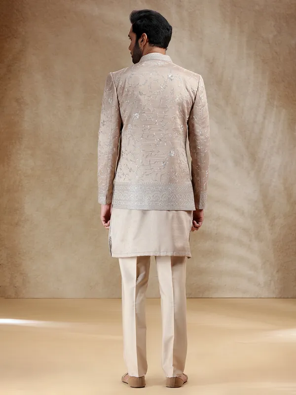 Dark Beige resham worked indowestern set with dupatta