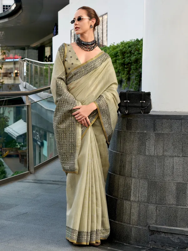 Dark beige saree in linen tissue silk