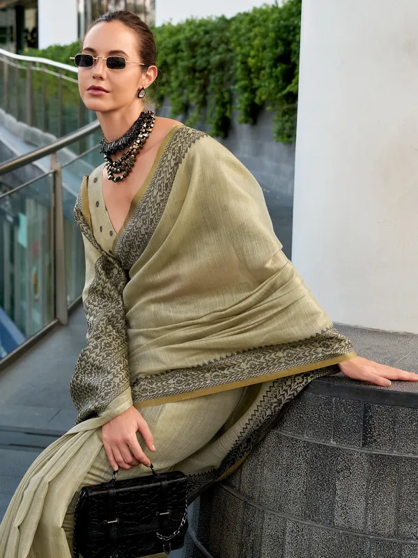 Dark beige saree in linen tissue silk