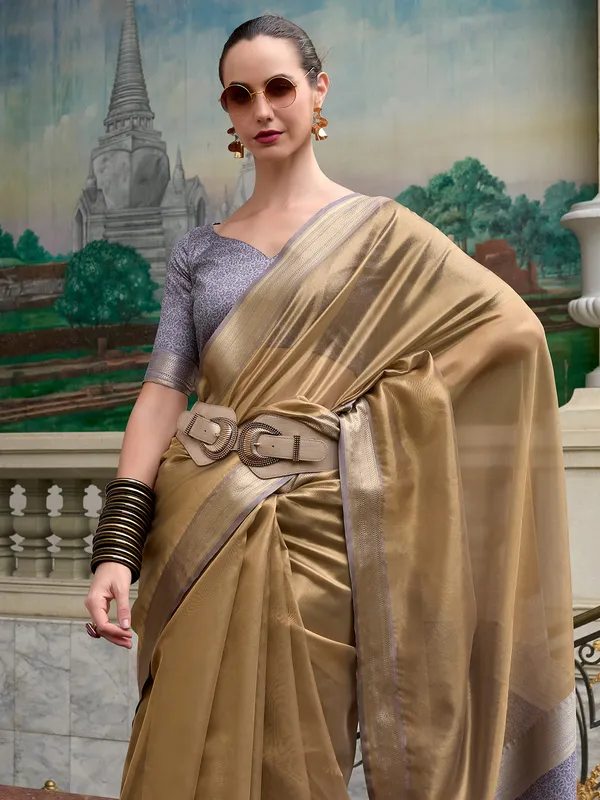Dark beige saree with contrast border